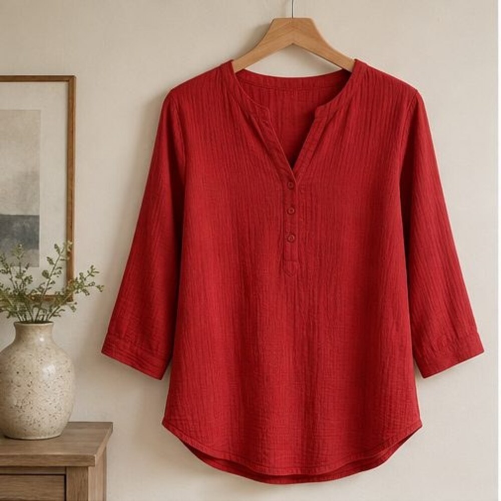 Red Henley Notch Neck Blouse